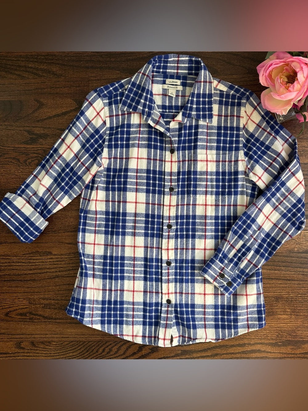 LL Bean relaxed fit plaid flannel shirt, size S